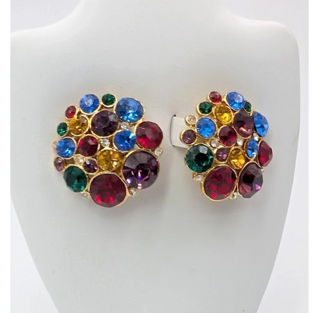 VTG Rhinestone Cluster Earrings Gold Tone‎ Multicolor Pave Clip On Rainbow